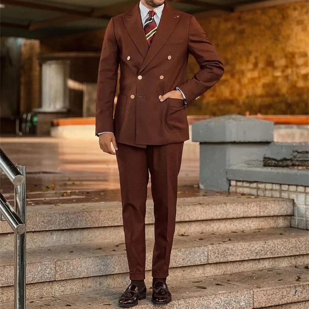 

Brown Men Suits Business Blazer+Pants Double Breasted Wedding Tailor-Made 2 Pieces Prom Male Clothing Tuexdos Daily Party