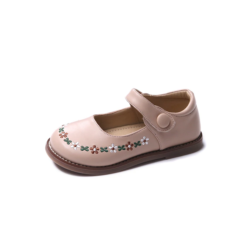 2023 Children Fashion Girls Casual Shoes Drop Shipping Simple Non-slip Kids Shoes PU Round-toe Shallow Leather Shoes Embroidery