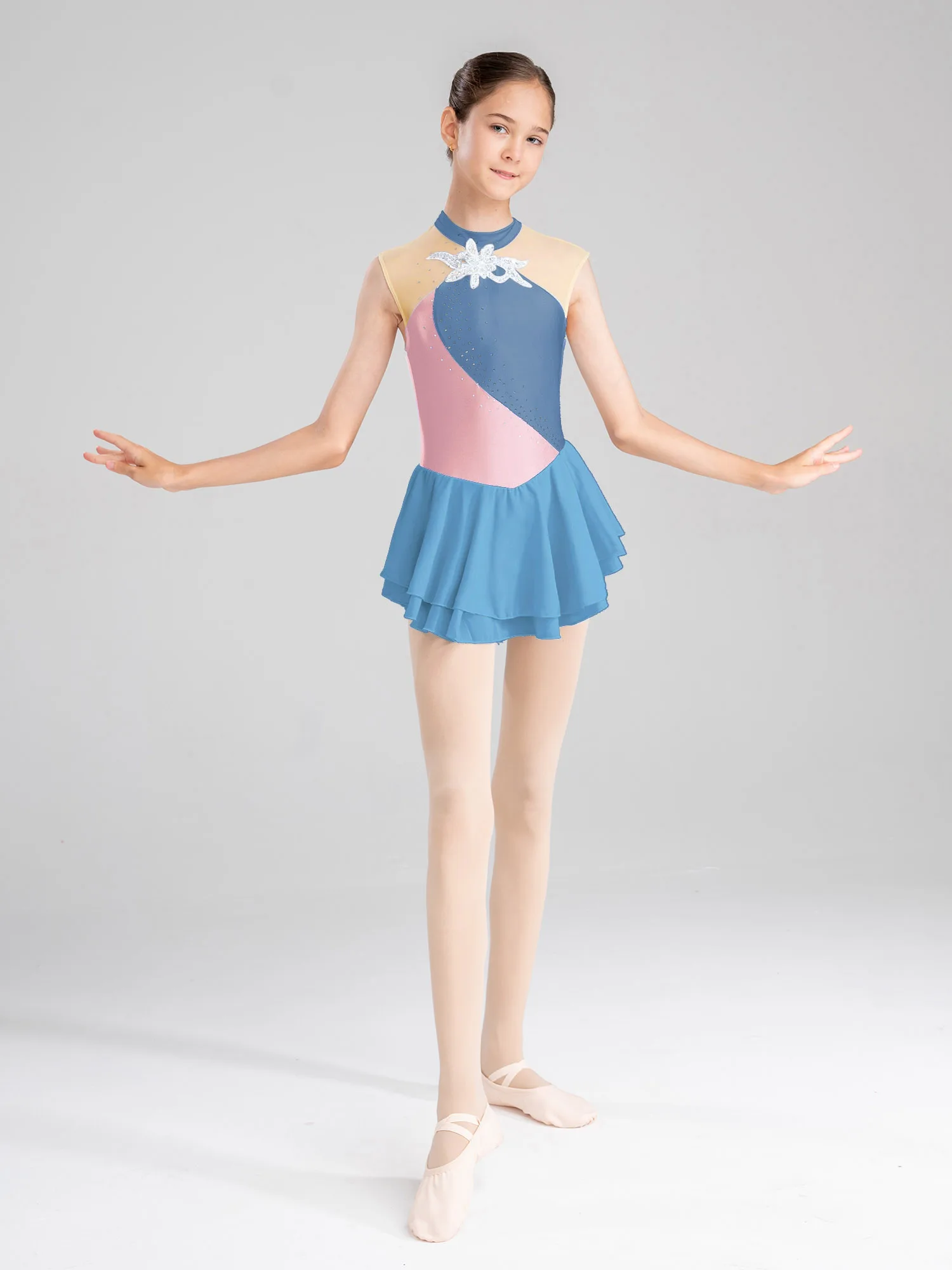 Ärmelloses Eiskunstlauf-Trikotkleid für Teenager und Mädchen, glänzende Strass-Pailletten, Rollschuhlaufen, Ballett, Tanz, Gymnastikkleidung – Detail 3