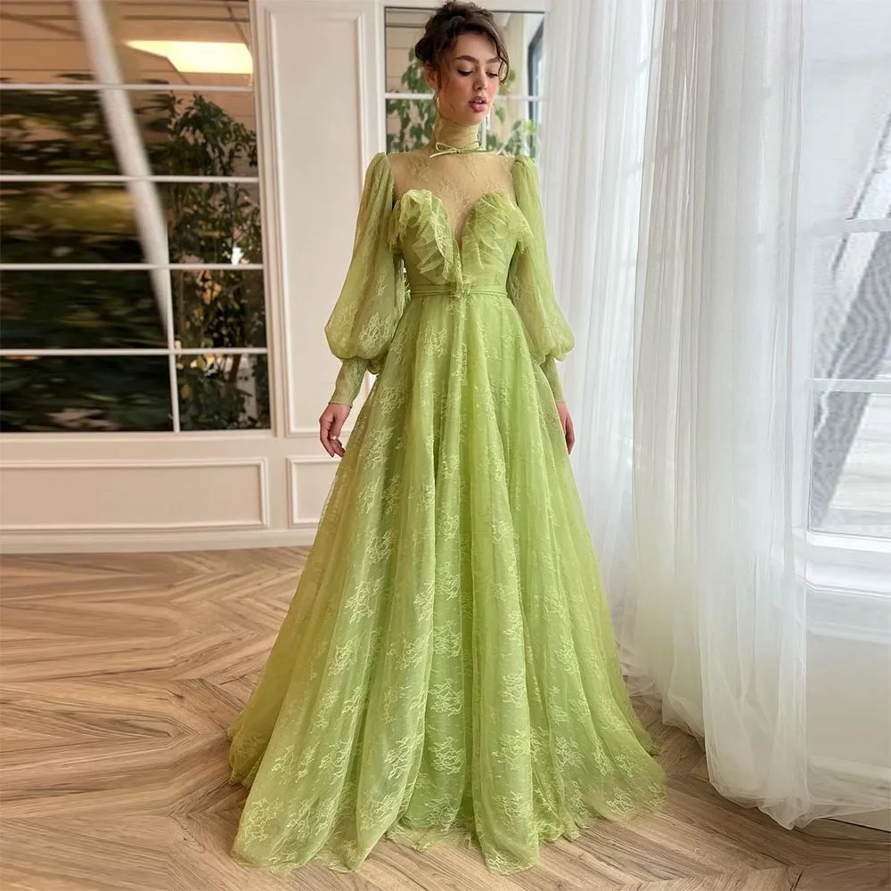 

Sevintage Green Lace Appliques Prom Dresses High-Neck Long Sleeves A-Line Pleat Ruched Saudi Arabic Women Party Evening Gowns