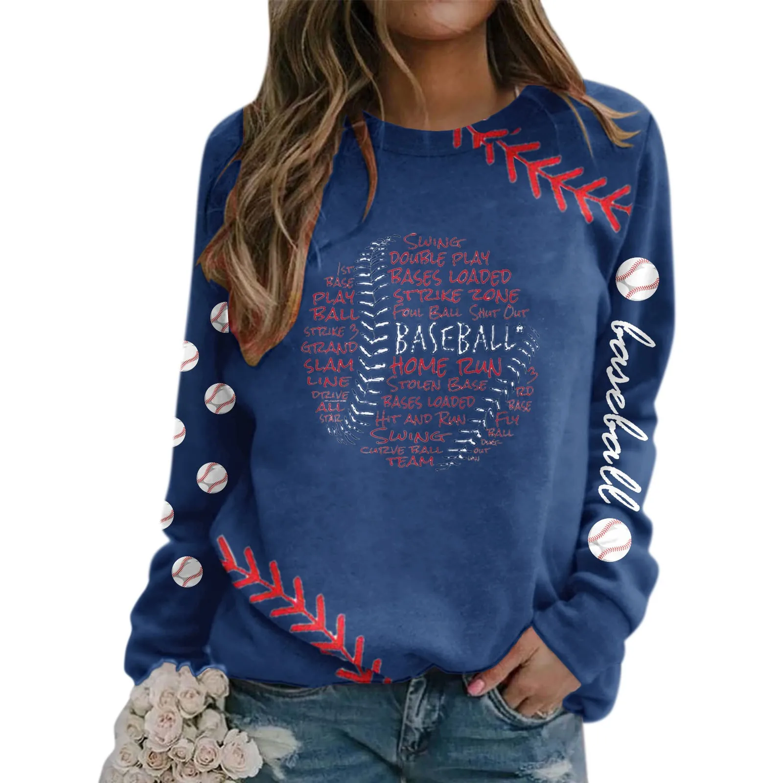 

Women Long Sleeve Round Neck Casual Baseball Print Game Sweatshirt Hoodless vintage Athletic Oversize
