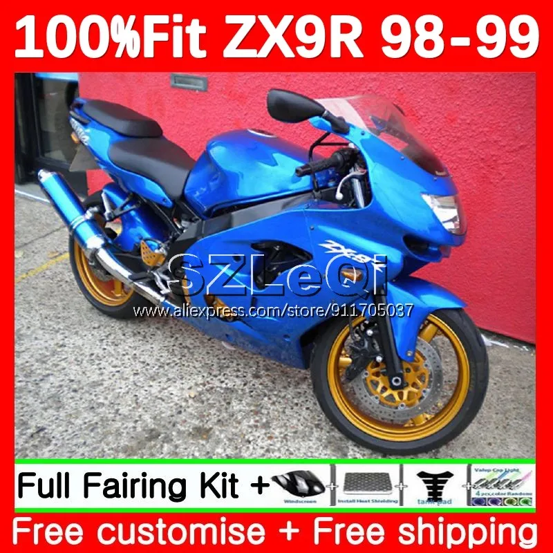 Глянцевый синий корпус OEM для KAWASAKI NINJA ZX9 ZX 9R 9 R 900 CC 900CC ZX900 ZX9R 98 99 ZX-9R 1998 1999