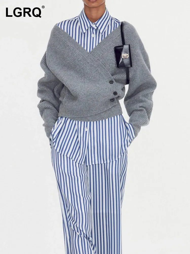

LGRQ Design Personality Asymmetric Girls V-neck Knitted Long Fashion Sleeve Tops Street Wear Trendy Sweater 2024 Spring 19F1542