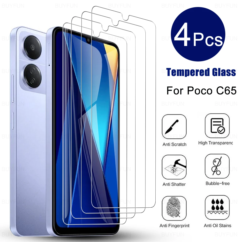 

4 шт. для Xiaomi Poco C65 HD прозрачное закаленное стекло Передняя защитная пленка PocoC65 C 65 65C прозрачная ультратонкая защита экрана