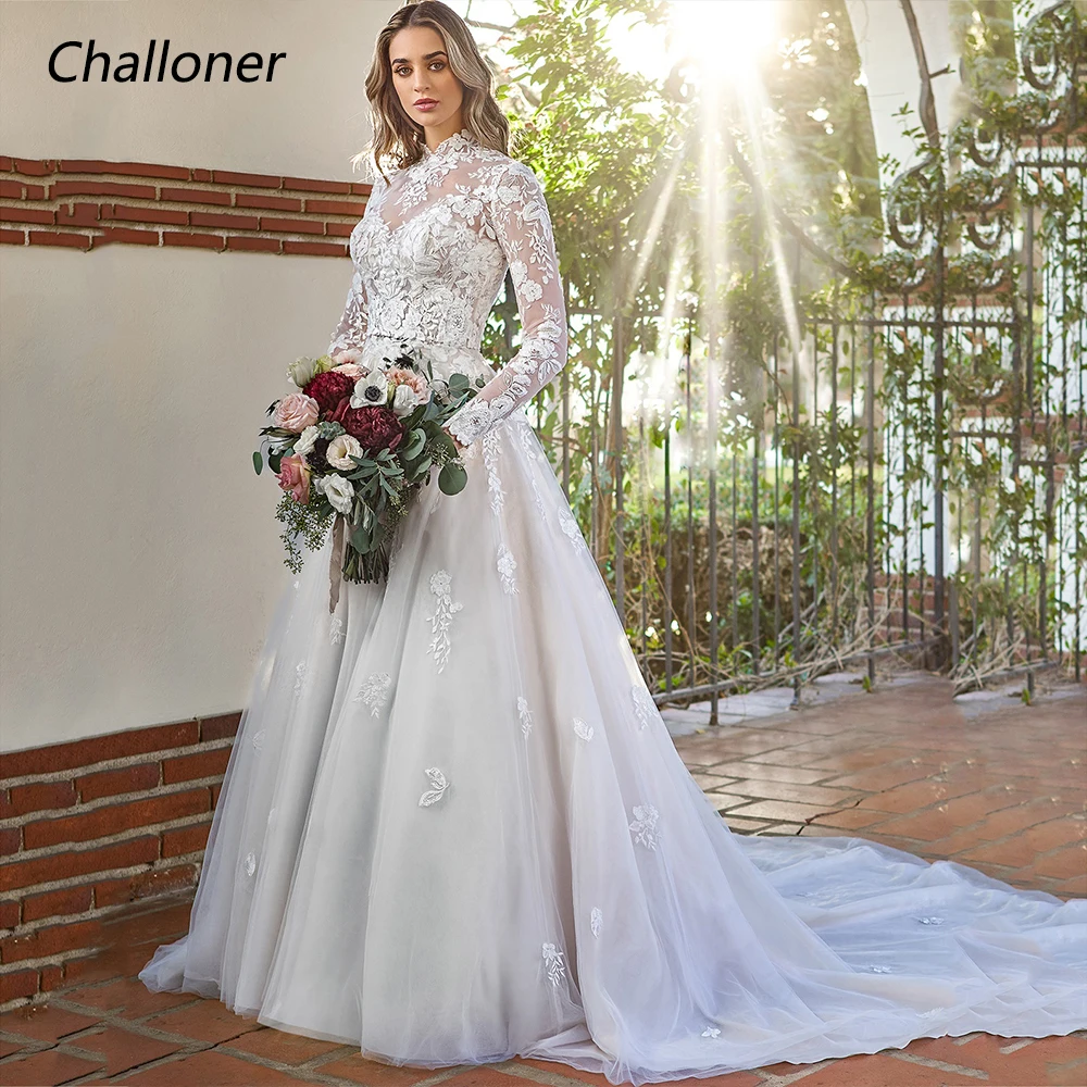 

Challoner Exquisite A-Line Wedding Dress High Neck Lace Applique Illusion Button Floor Length Bridal Gown Vestidos De Novia New