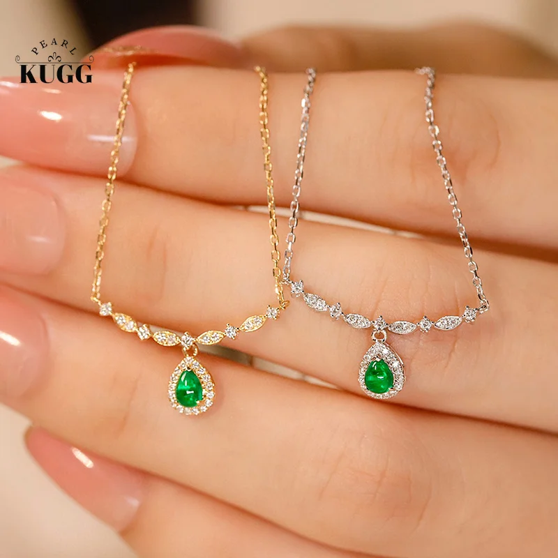 

KUGG 18K White or Yellow Gold Necklace Gentle Water Drop Style Real Diamond Natural Emerald Necklace for Women Wedding Jewelry