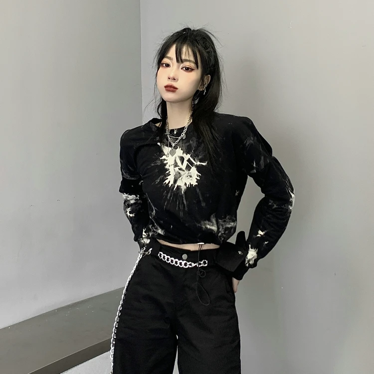 Goth Women Tie Dye Long Sleeve Short Length T-shirt 2022 Spring Y2k Girl Shirring Harajuku Crop Top Japanese Mujer Gothic Tshirt