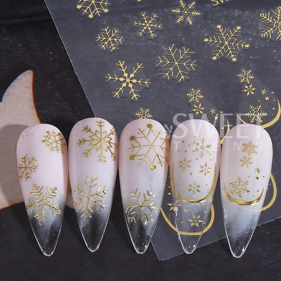 3pcs Christmas Nail Art Stickers White Gold Blue Snowflake French Line Design Decals DIY Self-Adhesive New Year Manicure Decor