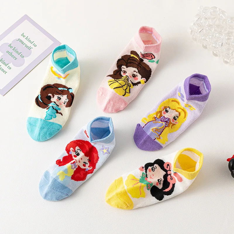 5 Pairs Disney Kids Socks Mesh Breathable Ice Thin Socks Summer Kawaii Cartoon Childrens Mid-calf Cotton Sock for Girls 2