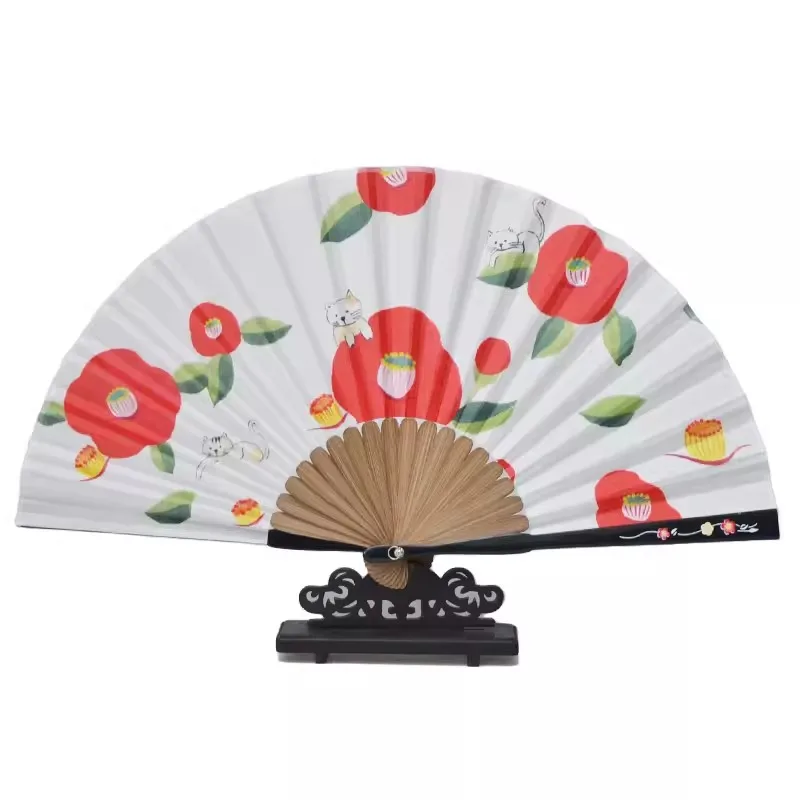Portable Folding Fan for Women, Cute Cat Pattern, Chinese Style, Summer
