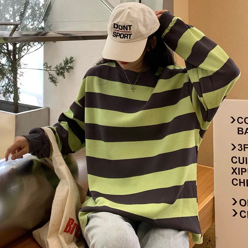 Spring Autumn Korean Fashion O-Neck Striped Long Sleeve Oversized Pullovers Women Loose Casual Sweatershirt Harajuku Tops Teen