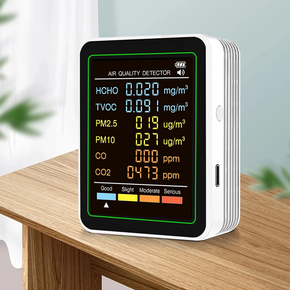 6-in-1 Air Quality Meter Real-Time Formaldehyde TVOC PM2.5 PM10 Carbon Dioxide CO Tester HCHO Detector for Office School & Hotel