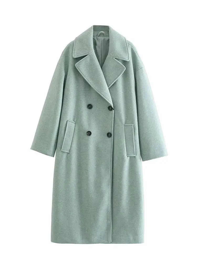Women Double Breasted Woolen Coat Lapel Collar Long Sleeves Solid Long Wool Coat Winte Fashion Warm Loose Woolen Overcoat
