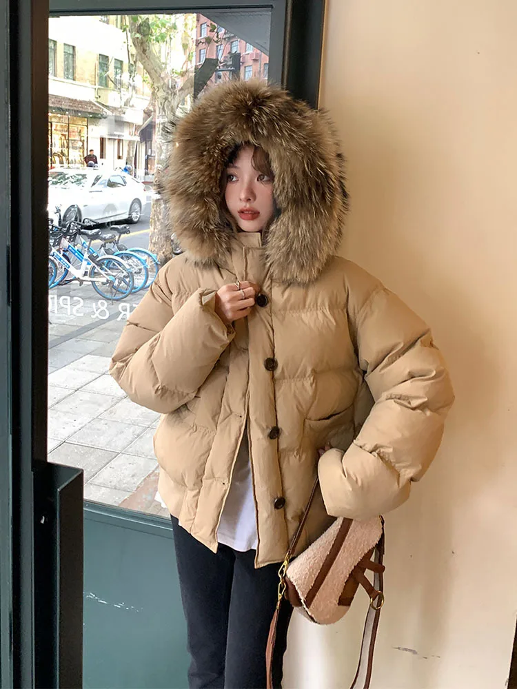 

Women Winter Hooded Coat 90% White Duck Down Jacket With Big Real Raccoon Fur Collor Puffer Coat Female Loose Outerwear