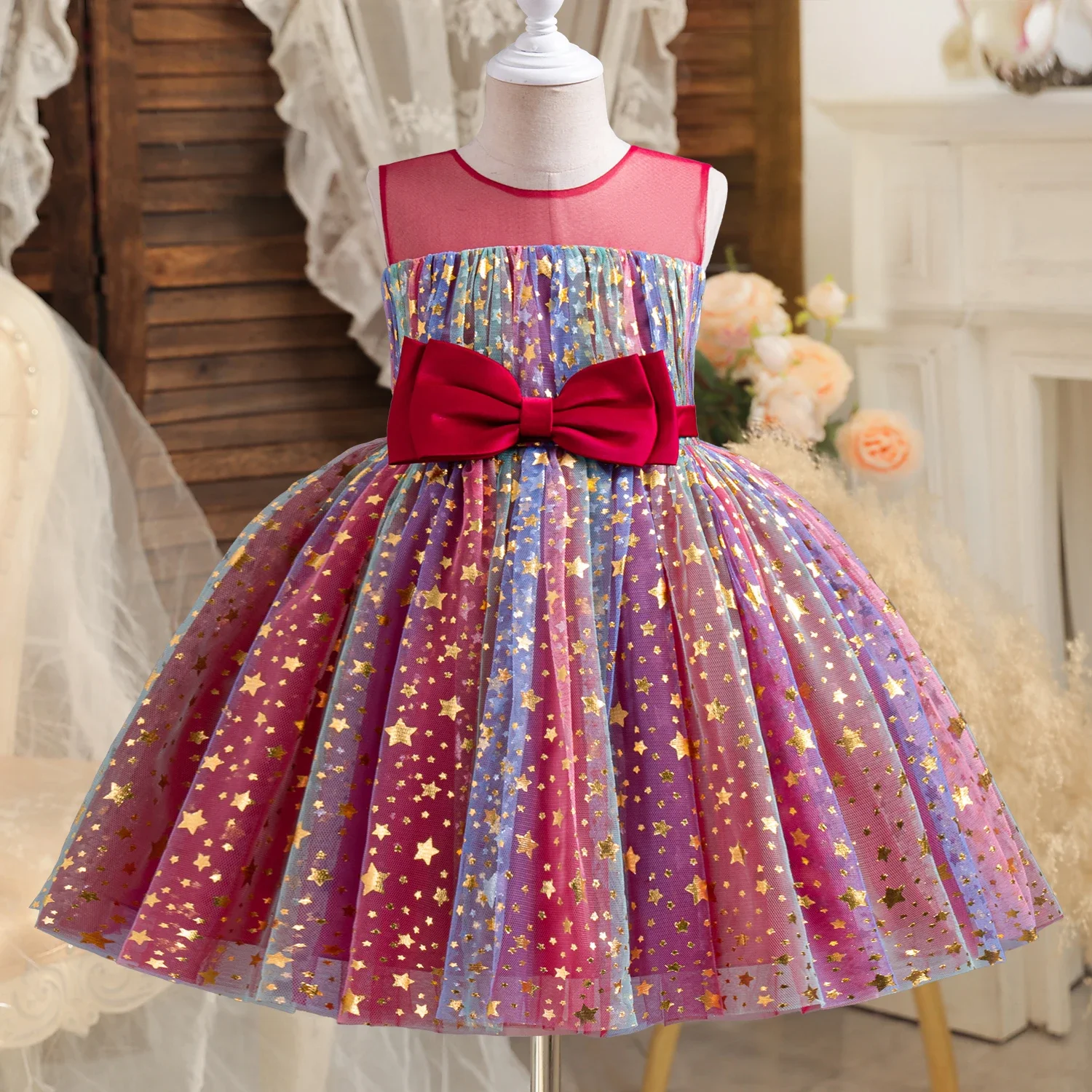Christmas Dress Princess Rainbow Sequin Wedding Birthday Party Gown Elegant