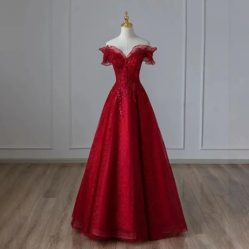 2026 New French Bridal Toast Dress Women's Slim Fit Off-Shoulder Evening Engagement Dress for Female Party Banquet Host 1