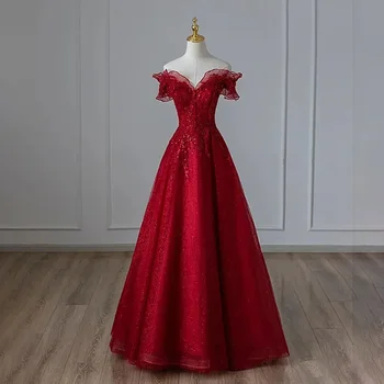 2026 New French Bridal Toast Dress Women's Slim Fit Off-Shoulder Evening Engagement Dress for Female Party Banquet Host 1