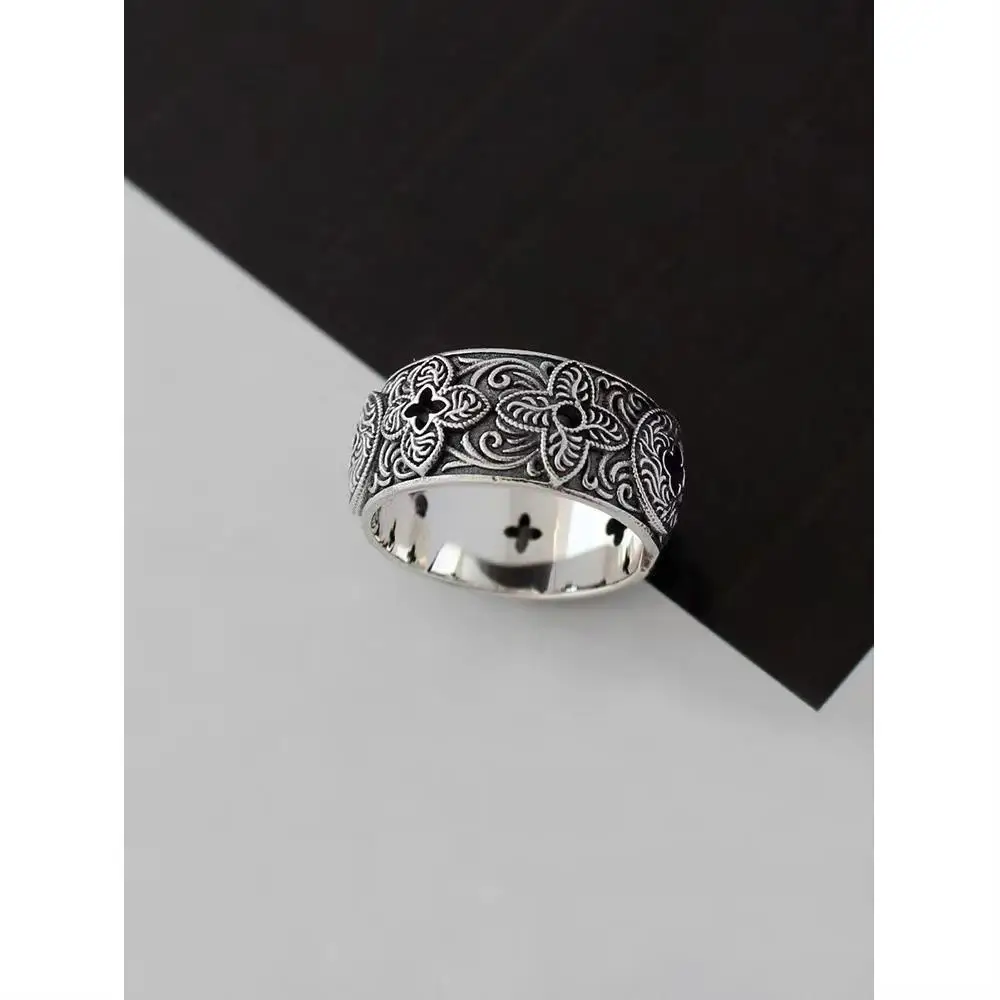 

925 sterling silver retro vintage hollowed out ring with wide Tang grass pattern and personalized trendy index ring for men and