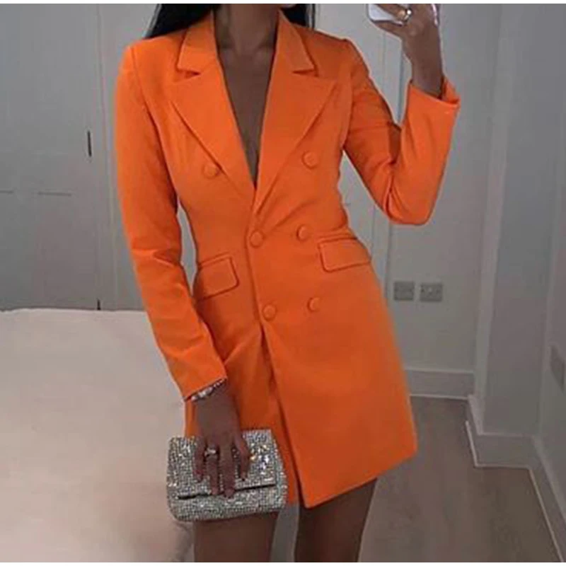 Orange Chic Mid Length Blazer Women 2021 Spring Autumn New Fashion Solid  Colors Suits Office Lady Double Breasted Elegant Blazer