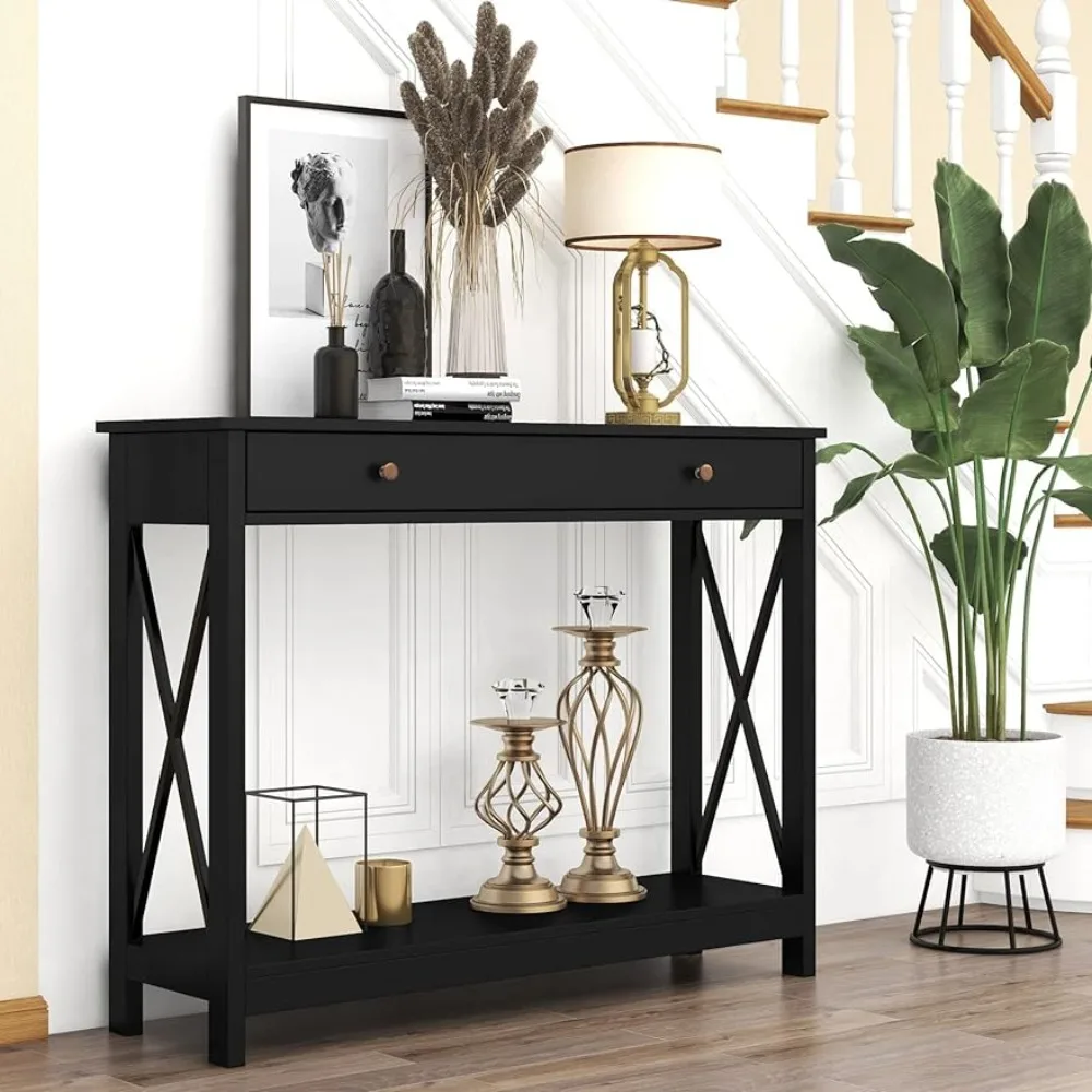 

Oxford Design Console Table with Drawer and Storage Shelves, Foyer Sofa Table Narrow for Entryway, Living Room, Hallway, Black