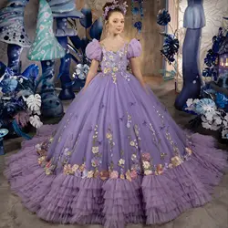 Purple Girls Pageant Dresses Embroidery Tiered Ruffles Little Kids Birthdays Gowns Appliques Children Wedding Guest Dresses