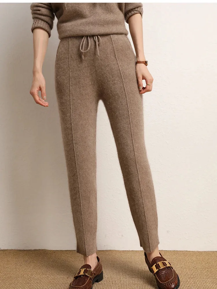 Women's 100% Pure Wool Slim Pants High Waist Autumn and Winter Cashmere Casual Knitted Pencil Pants Korean Thick Casual pants