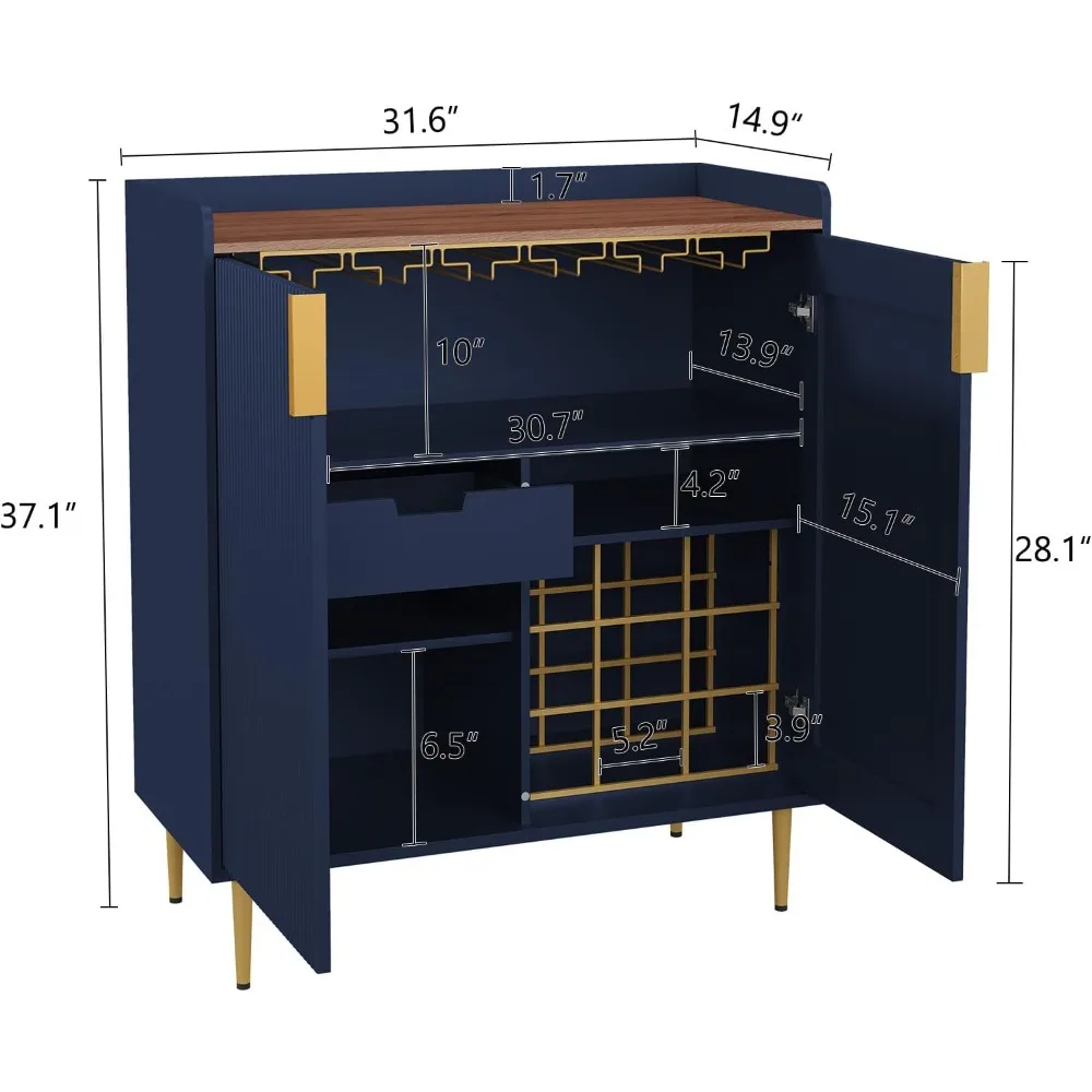 Sideboard Buffet Cabinet with Fluted Texture, Modern Coffee Bar Cabinet with Wine Rack&Drawers, Blue Liquor Cabinet for Kitchen