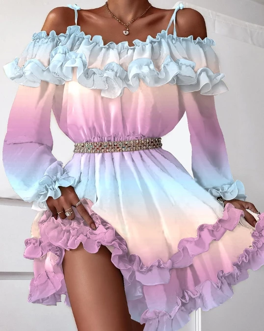 

Women's Dress Summer New Gradient Print Off Shoulder Sleeves Pleated Hem Daily Mini Waistless Dress