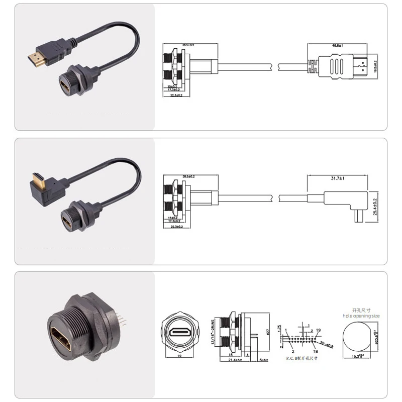방수 HDMI 보드 후면 커넥터 케이블 소켓 라인 1M 스레드 PCB 유형 4K60HZ 마더보드 고화질 IP67 소켓 와이어
