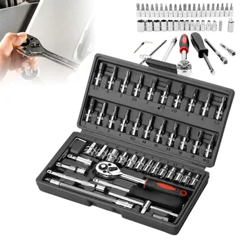 46PCS Socket Set Metric Wrench 1/4" Drive  Ratchet Bit Set Wrench Torx Hex Extension Bar Ratchet Repair Hand Tool 1