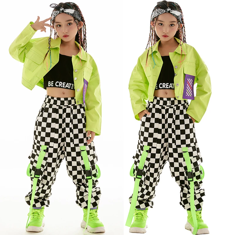 Girl Dance Costume Children Costumes Hip Hop Costume Jazz Dance Kpop Outfit Stage Wear Fashion Girls Clothes Green Jacket Checkered Pants Long Sleeves Kids