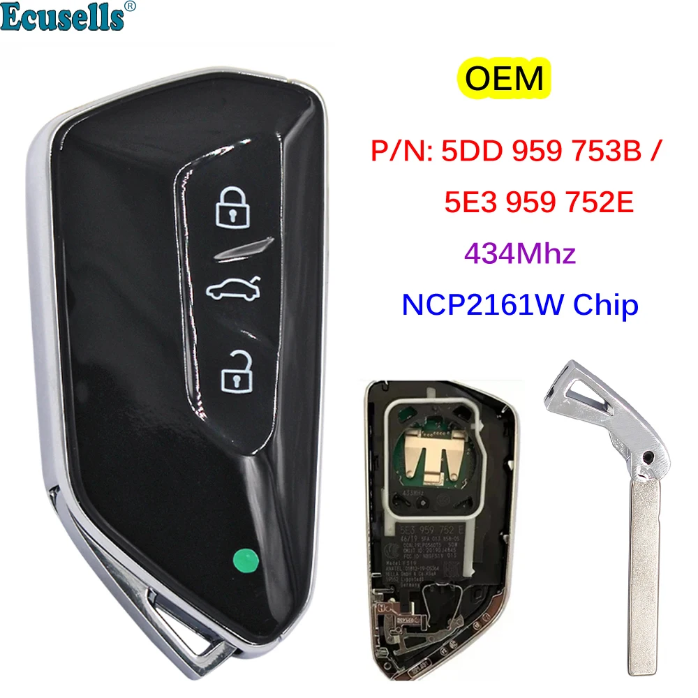 

OEM 3 Button Smart Remote Car Key 434MHz Id49 Chip FOB for Volkswagen Skoda 2020 2021 Golf 8 2021 P/N: 5DD 959 753B/5E3 959 752E