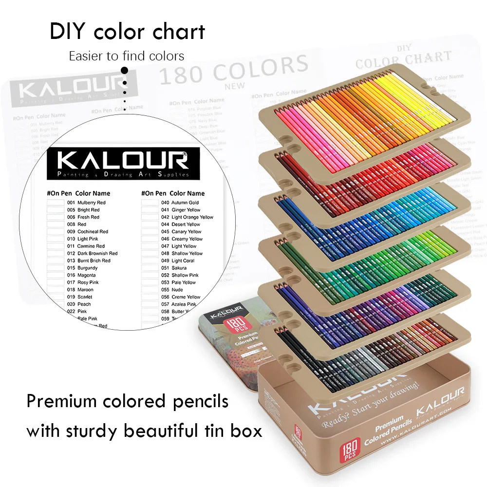 칼라 180개 아트 우드 연필 세트 프리미엄 컬러 메탈릭 연필 유성심 드로잉 페인팅 학교 미술 문구 선물 용품