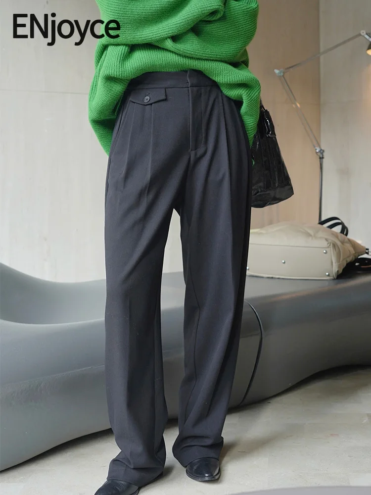

Женские прямые офисные брюки ENjoyce, черные офисные брюки с высокой талией в Корейском стиле, для зимы, 2023