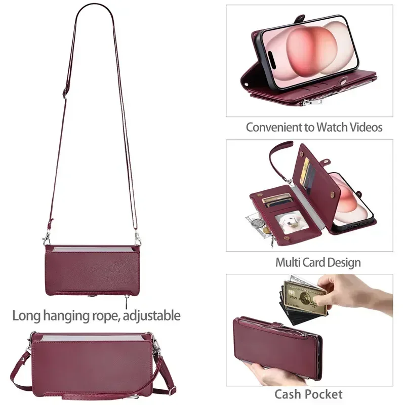 Deluxe Leather Flip Phone Case with Long Lanyard and Zipper Wallet Card Holder