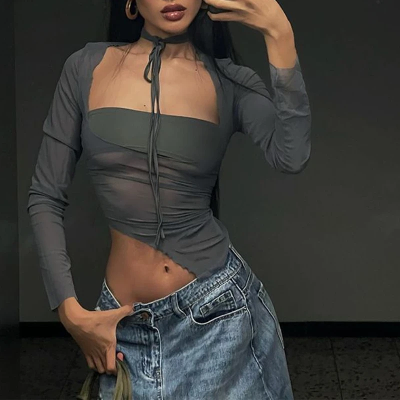 Sexy Spice Girl T-shirt with Irregular Long Sleeves and Short Waist-exposed Tops 2025 Spring and Autumn Fashion Women's Wear