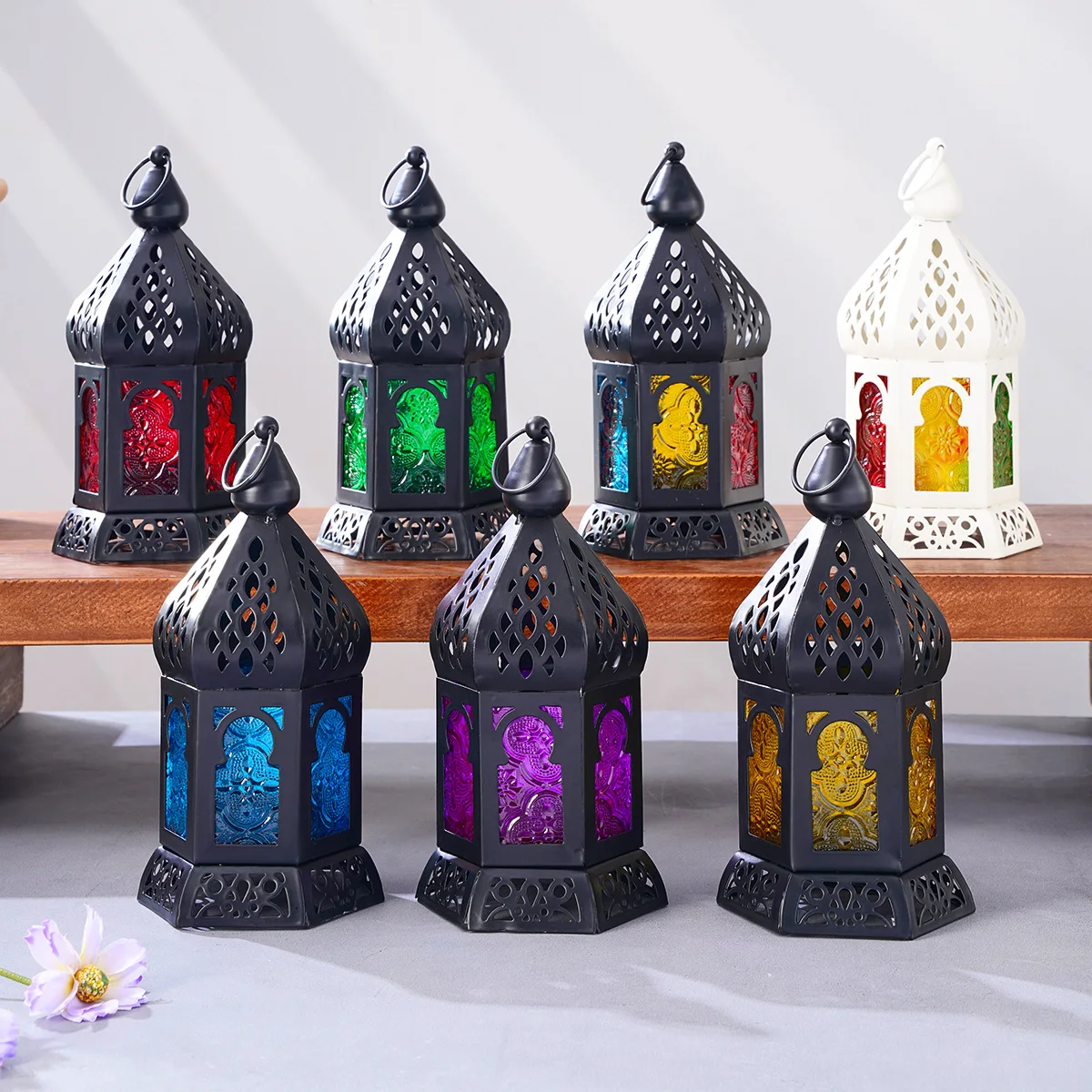 1PC, European retro ironwork, colored windproof glass, elliptical hollowed-out candlestick lighting fixture