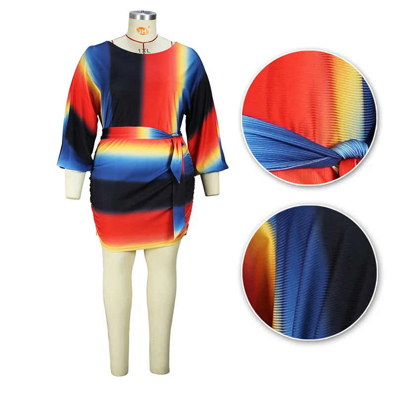Rainbow Pinstripe Crew Neck Sashes Batwing Long Sleeve Elegant Backless Pleated Pit Strip Slim Knitted Plus Size Dress for Women