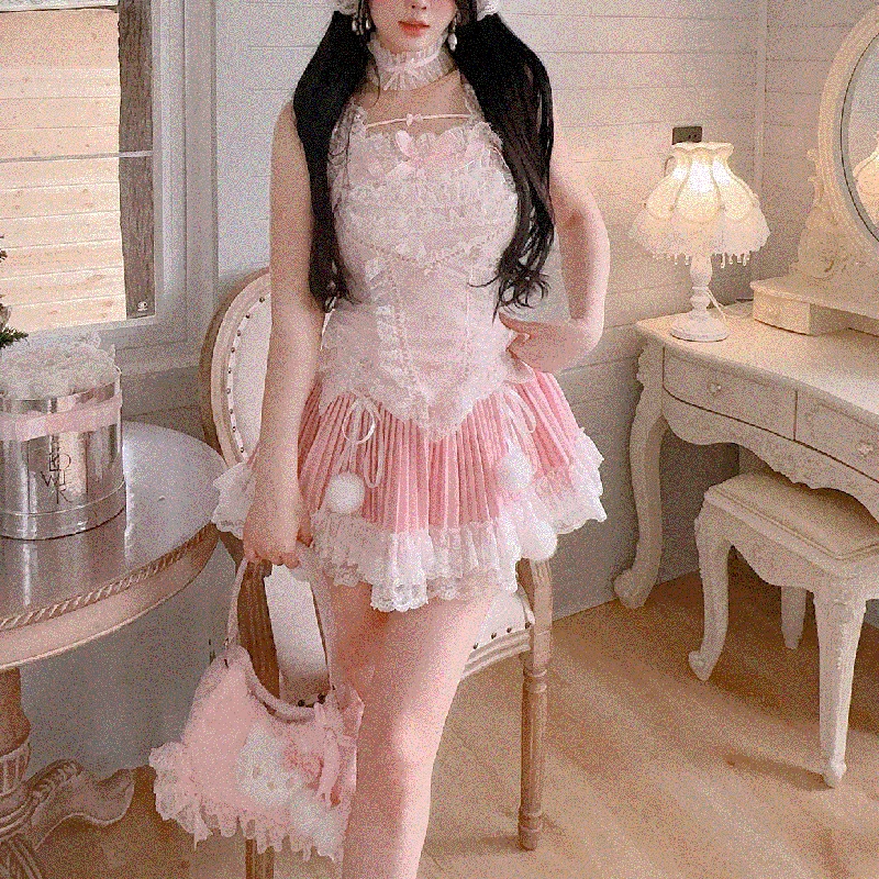 

Cute Pleated Skirts for Sweet Girls Summer Lace Trim Pom-poms Decoration Lolita Style Mini Shorts Women Skirt Kawaii Clothes