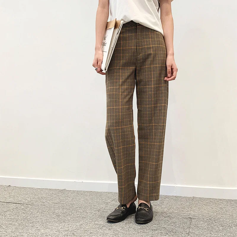 

Women Casual Plaid Tapered Pants High Waist Zipper Fly 2023 New Fashion Early Autumn Lady Vintage Fashion Long Trousers