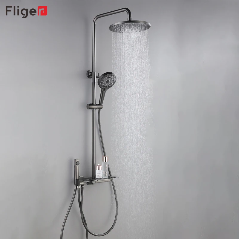 

Fliger Gun Grey Shower Faucet Set Waterfall Shower System Waterfall Rain Shower Set Wall Mount Shower Mixer Bathroom Faucet