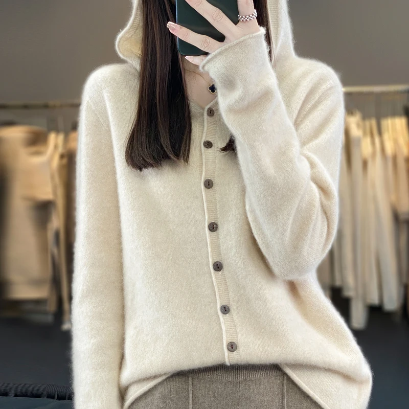 여성용 고급 캐시미어 얇은 코트, 100% 울 후드 스웨터, 버튼업, 캐주얼 루즈 가디건, 다목적, 가을, 겨울, 23 신상