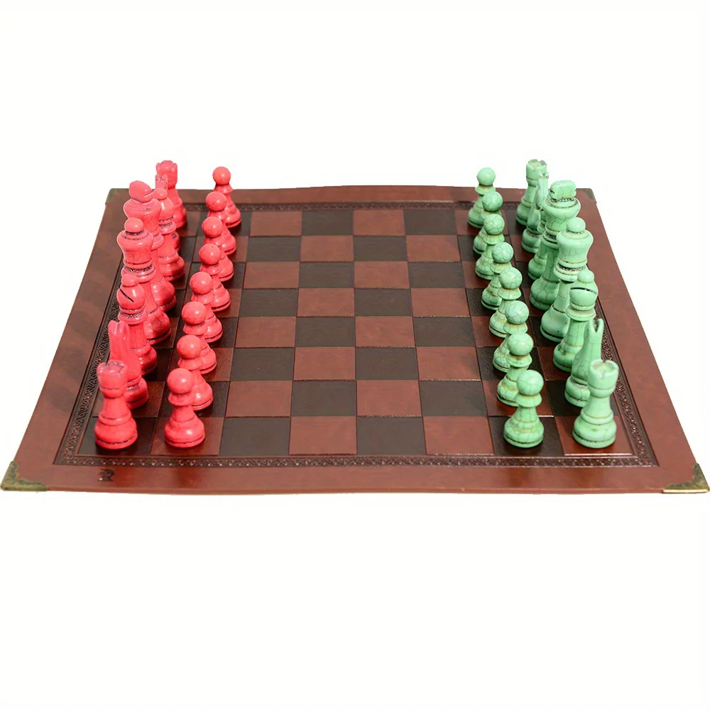 Red Green Stone Material, Stone Material, 32 Chess Pieces, Matched with Red Artificial Leather Board Game Toy, King Height 7.8cm