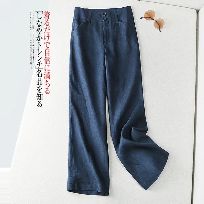 2023 Spring Summer New Solid Color High Waist Wide Leg Trousers Women Elastic Waist Zipper Button All-match Cotton Hemp Pants