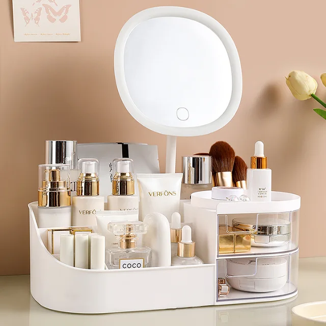 55382-43472f.jpg Makeup Storage Box With Mirror Desktop Dressing Table Makeup Mirror Cosmetics Jewelry Storage Box Touch Light Storage Organizer