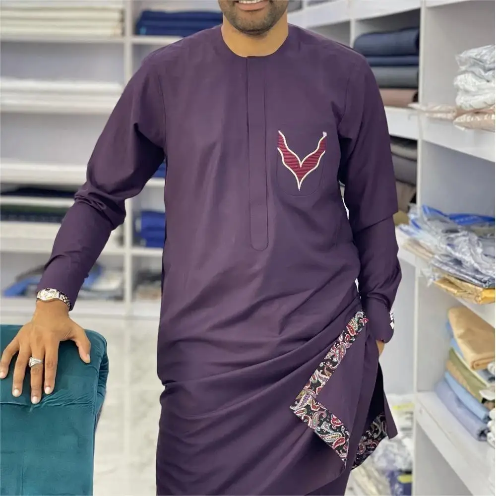 2024 New Men's Designer Clothing Two-piece Pants Set Round Neck Solid Color Long Sleeves Festival Social African Ethnic Style