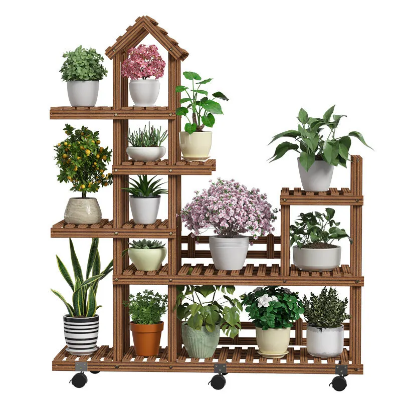 

Modern Multilayer Solid Wood Floor Standing Corner Flower Display Rack Shelf Pot Holder Tier Plant Stand with Wheels