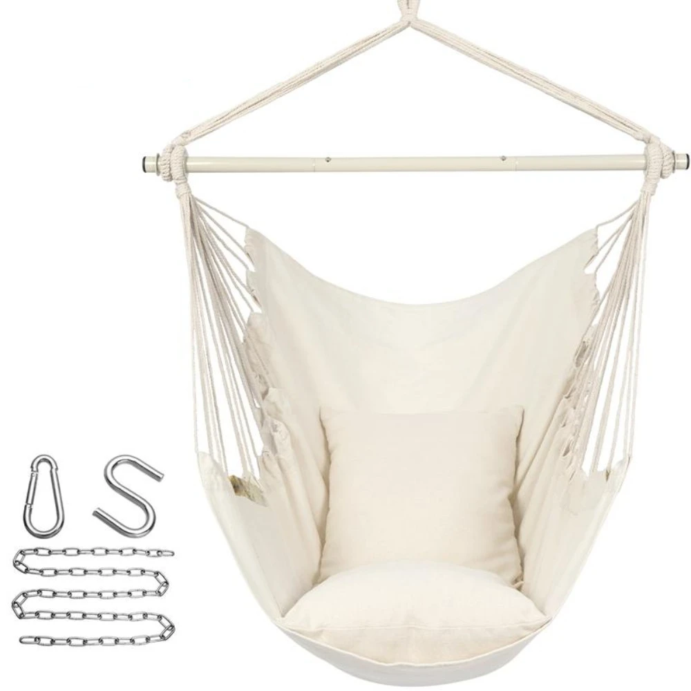 

Кресло-качели для гамака вместимостью 500 фунтов, 2 подушки для сидений, Съемный Стальной раздвижной стержень, противоскользящие кольца, для использования внутри/вне помещений