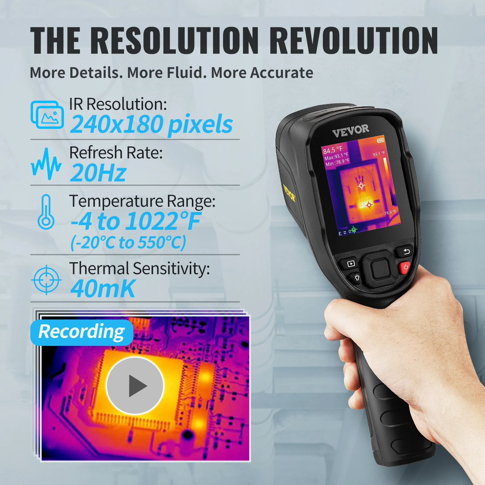 VEVOR Thermal Imager 240x180 IR Resolution with 2MP Visual Camera Handheld Infrared Thermal Camera for Repair Pipeline Detection