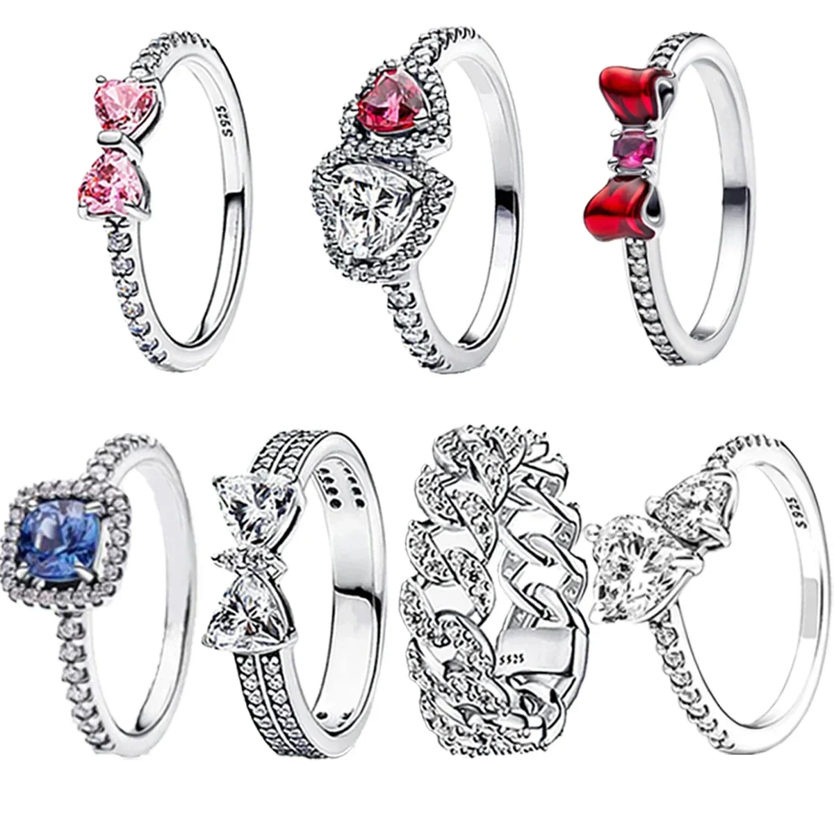 silver ring 925 Sterling Silver red pink heart bow sun moon colorful crystal ring for women valentine's birthday gift DIY jewelry